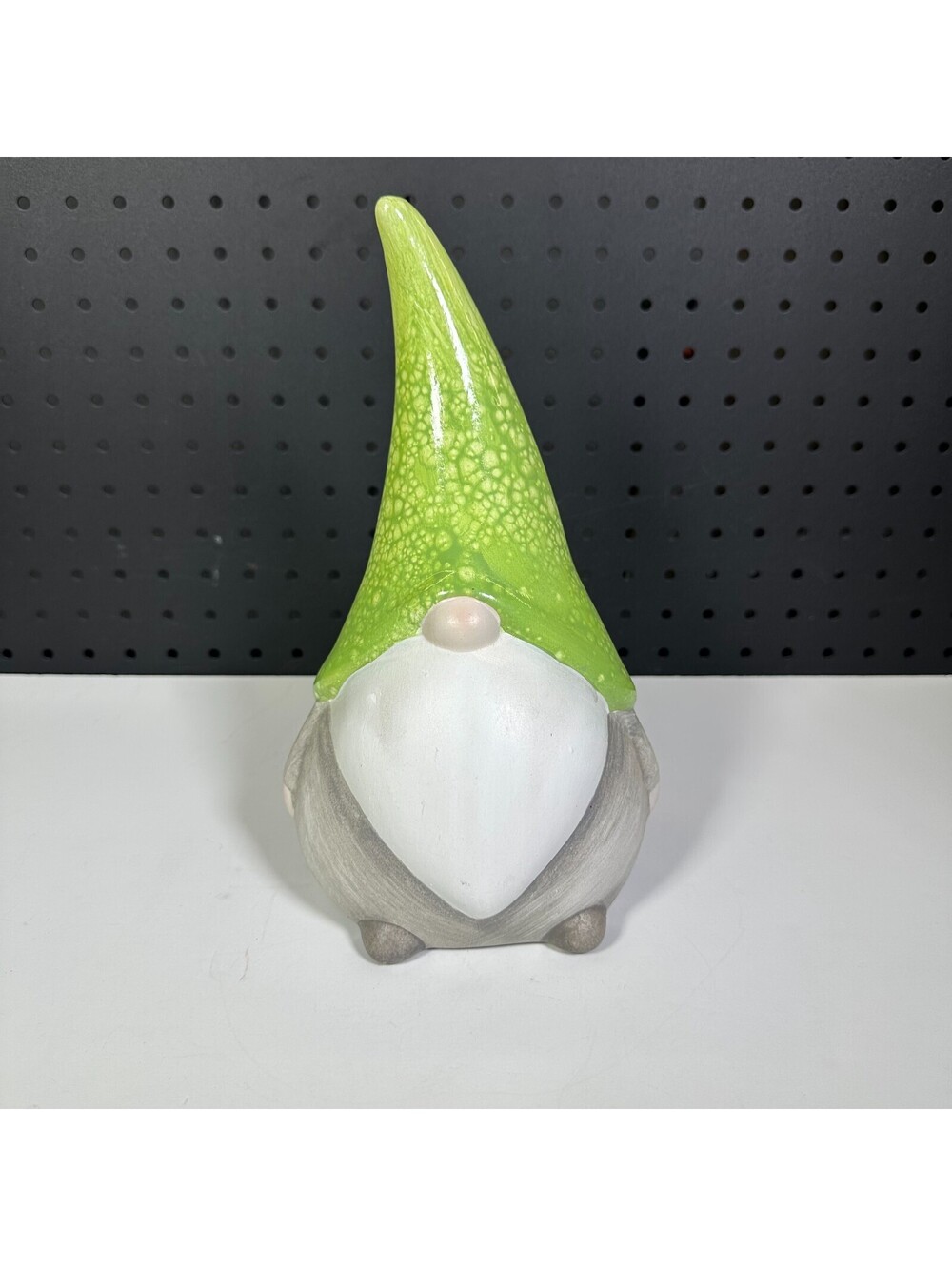 Ceramic Garden Gnome Statue Green Hat Gray Crackle Glaze 11in Decor